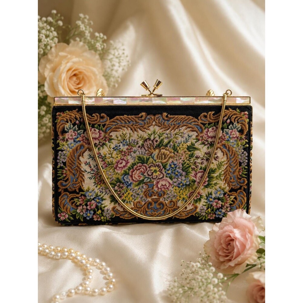 Vintage Floral Tapestry Evening Purse with Mother of Pearl Frame,Kiss Lock